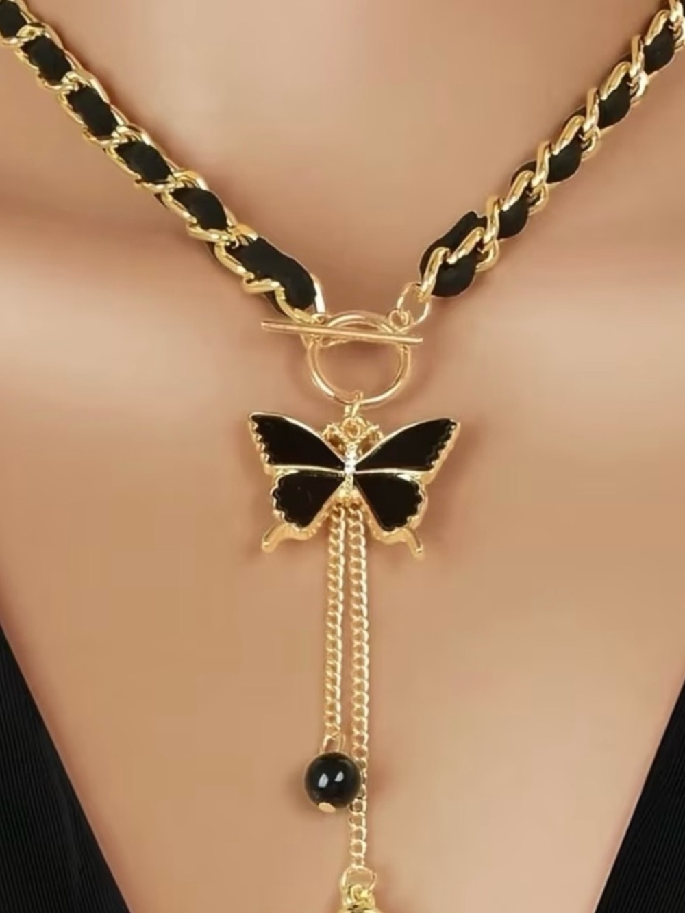 Gold and Black mother of Butterfly Pendant Necklace - Women Jewelry - Picture 4 of 4